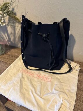 Mansur Gavriel Navy Suede Drawstring Bucket Bag